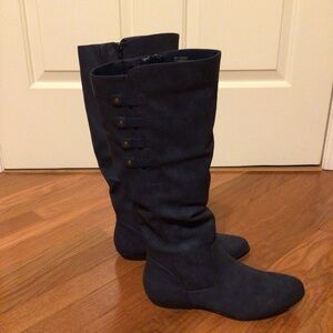 Navy Faux Suede Knee High Flat Heeled Boot